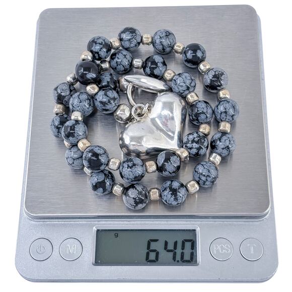 Estate Sterling Silver 925 Snowflake Obsidian Heart Toggle Necklace 18" - Picture 8 of 8